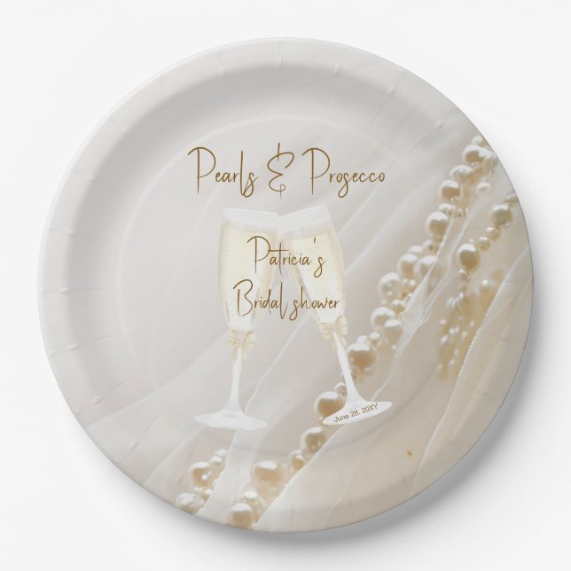 Pearls & Prosecco Modern Elegant Bridal Shower Paper Plate (Front)