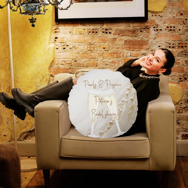 Pearls & Prosecco Modern Elegant Bridal Shower Round Cushion (Creator Uploaded)