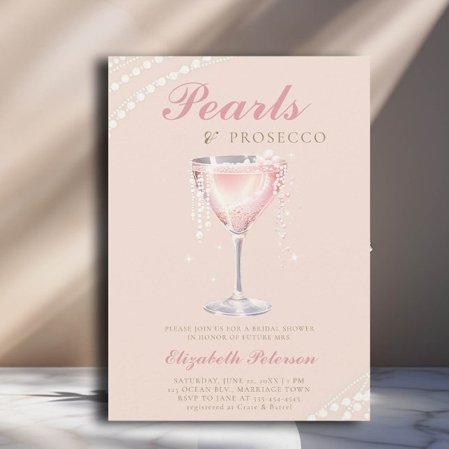 Pearls Prosecco Peach Pink Bubbly Bridal Shower Invitation (pearls and prosecco bridal shower invitation peach pink bubbly gold calligraphy elegant classic chic)