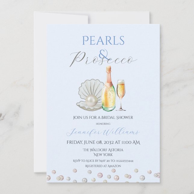 Pearls Prosecco Pearlcore Blue Bridal Shower Invitation (Front)