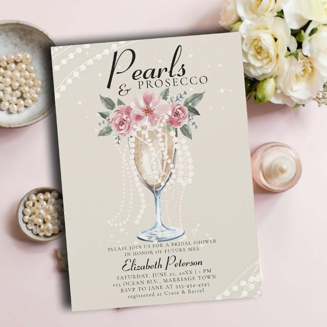 Pearls Prosecco Petals Ivory Brunch Bridal Shower Invitation (pearls and prosecco bridal shower invitation brunch bubbly champagne garden outdoors modern ivory)
