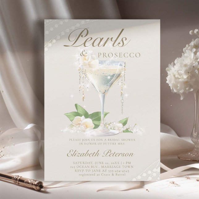 Pearls Prosecco Petals Ivory Elegant Bridal Shower Invitation (pearls prosecco petals bridal shower invitation brunch template card champagne watercolor ivory)