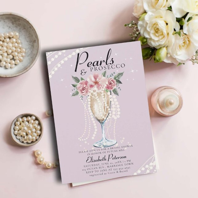 Pearls Prosecco Petals Lilac Brunch Bridal Shower Invitation (pearls and prosecco bridal shower invitation brunch bubbly champagne garden outdoors modern lilac)