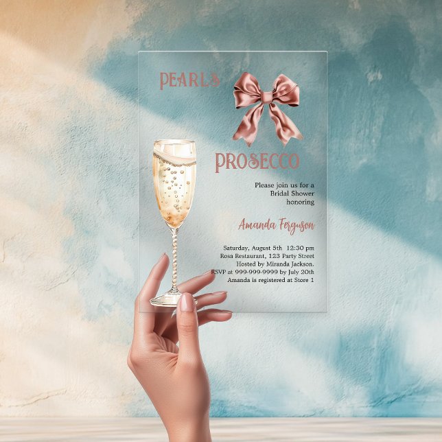 Pearls Prosecco pink bow Bridal Shower clear Acrylic Invitations (Creator Uploaded)