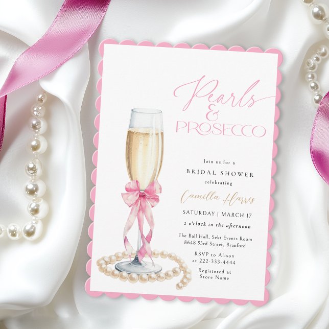 Pearls & Prosecco Pink Bow Bridal Shower Invitation (Creator Uploaded)