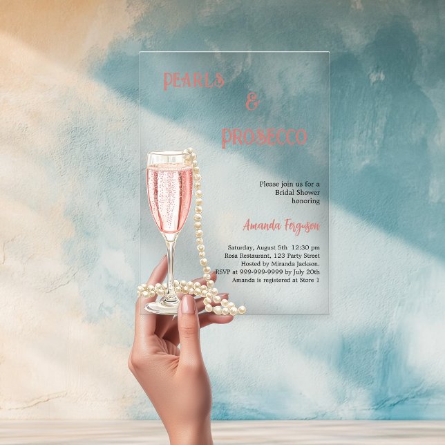 Pearls Prosecco pink Bridal Shower clear Acrylic Invitations (Creator Uploaded)