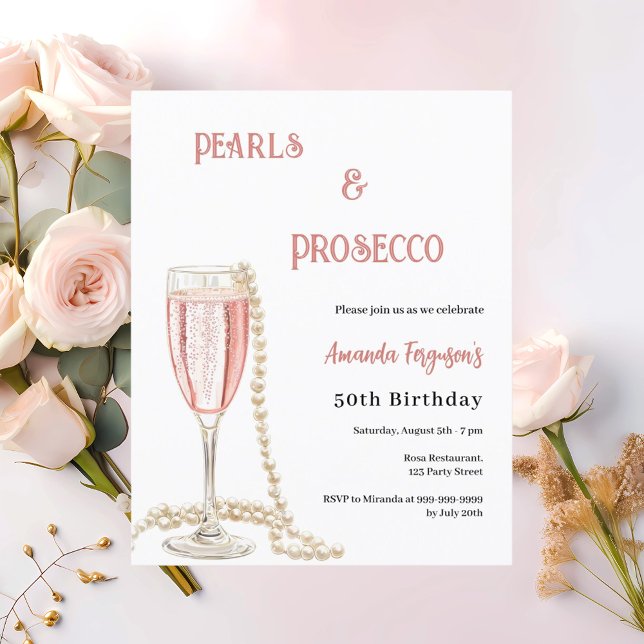 Pearls Prosecco pink bubbles birthday invitation (Creator Uploaded)