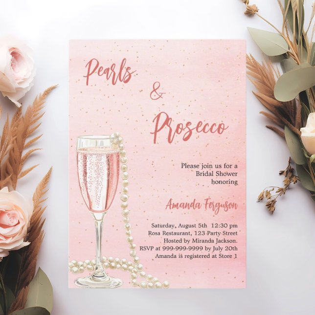 Pearls Prosecco pink script Bridal Shower Invitation (Creator Uploaded)