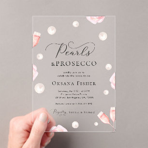 Pearls & Prosecco Pink Transparent Bridal Shower Acrylic Invitations