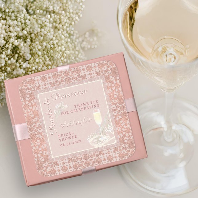 Pearls & Prosecco Rose Gold Bridal Shower Favour Square Sticker (Creator Uploaded)