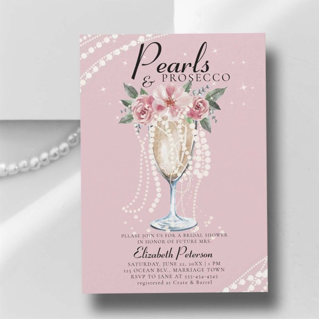 Pearls Prosecco Roses Pink Blush Bridal Shower Invitation (pearls and prosecco bridal shower invitation brunch bubbly champagne garden outdoors modern classy)