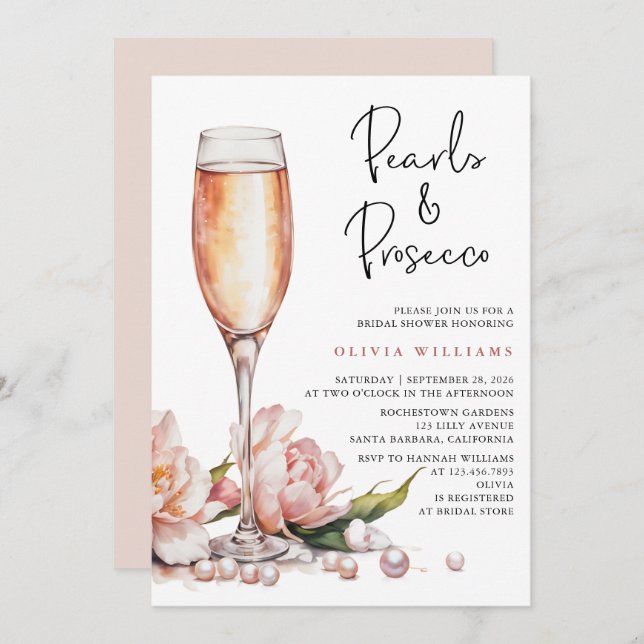Pearls & Prosecco Watercolor Bridal Shower Invitation (Front/Back)