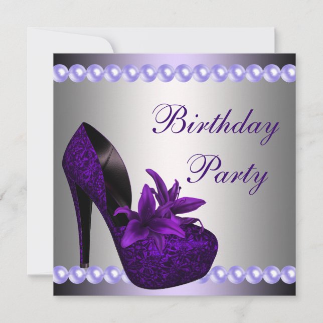 Pearls Purple High Heels Shoes Birthday Party Invitation (Front)