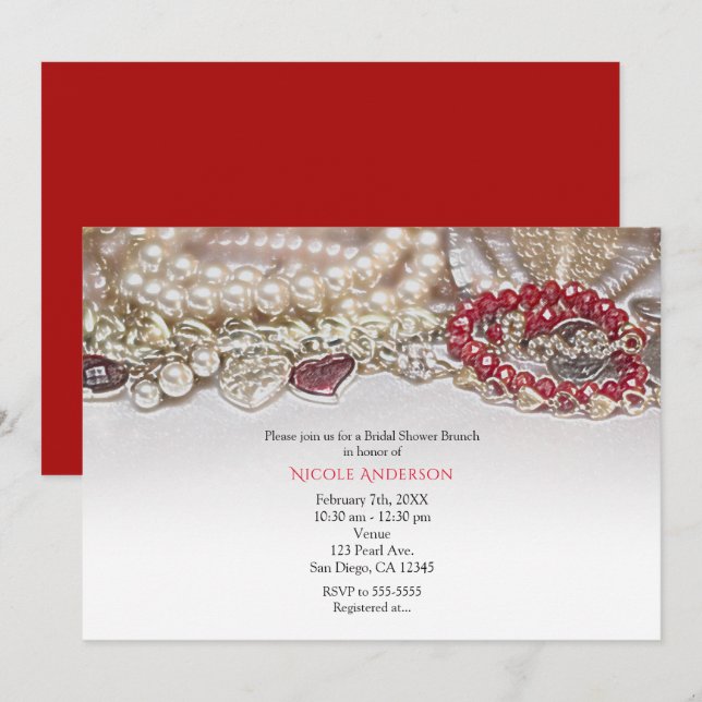 Pearls & Red Valentine Love Jewels Bridal Shower Invitation (Front/Back)