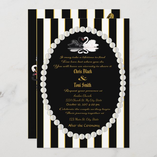 Pearls & Swans Black Striped Wedding Invitation (Front/Back)