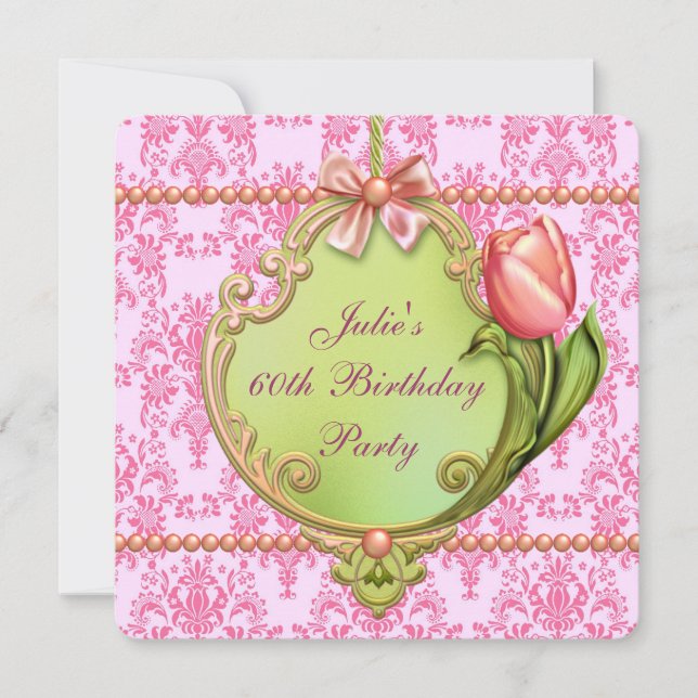 Pearls Tulips Pink Damask Womans Any Number Invitation (Front)