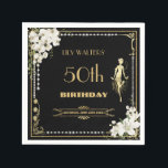 Pearls White Floral Art Deco Gatsby 20s Birthday  Napkin<br><div class="desc">Personalise this vintage art deco floral Great Gatsby roaring 20s theme napkins easily and quickly, simply press the customise it button to further re-arrange and format the style and placement of the text.  Featuring a chic art deco frame, ivory white orchid and lily floral, sparkling pearls and black and gold...</div>