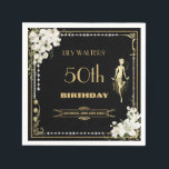 Pearls White Floral Art Deco Gatsby 20s Birthday  Napkin<br><div class="desc">Personalise this vintage art deco floral Great Gatsby roaring 20s theme napkins easily and quickly, simply press the customise it button to further re-arrange and format the style and placement of the text.  Featuring a chic art deco frame, ivory white orchid and lily floral, sparkling pearls and black and gold...</div>