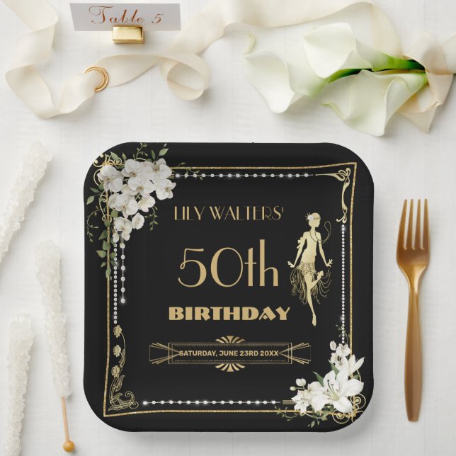 Pearls White Floral Art Deco Gatsby 20s Birthday  Paper Plate (Wedding)