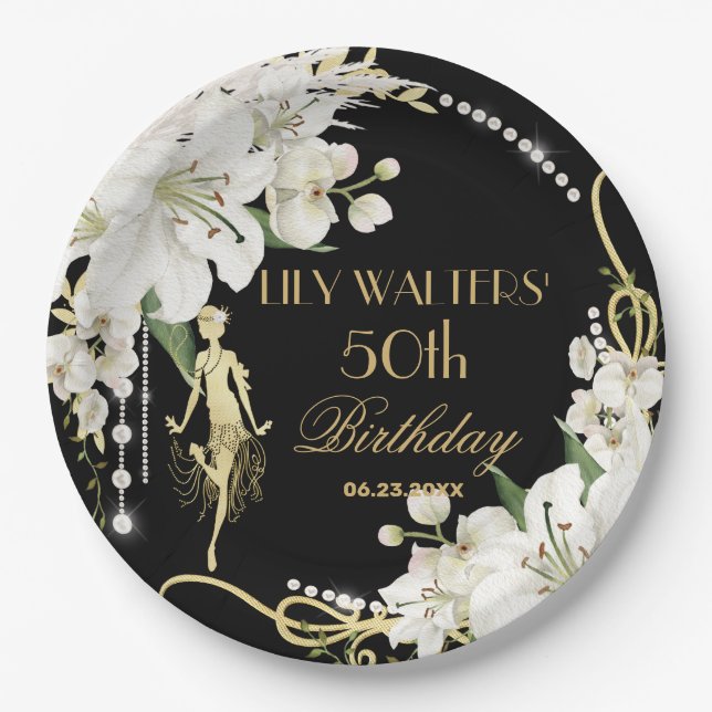 Pearls White Floral Art Deco Gatsby 20s Birthday  Paper Plate (Front)