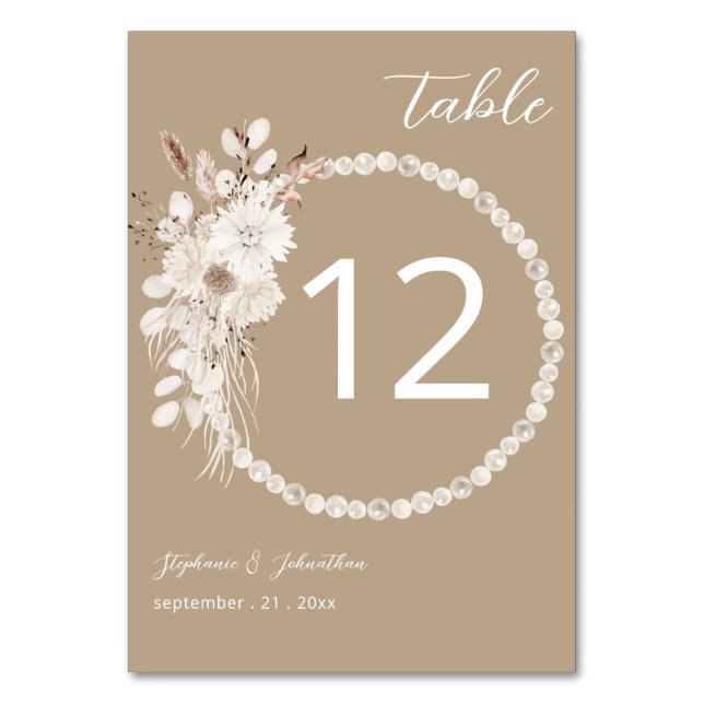 Pearls & White Floral Beige Table Number (Front)
