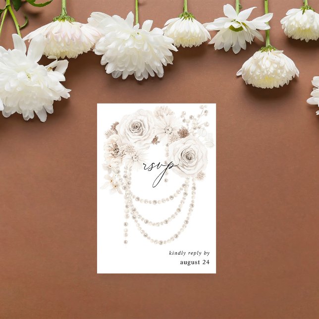 Pearls & White Floral w Meal RSVP Card (Creator Uploaded)