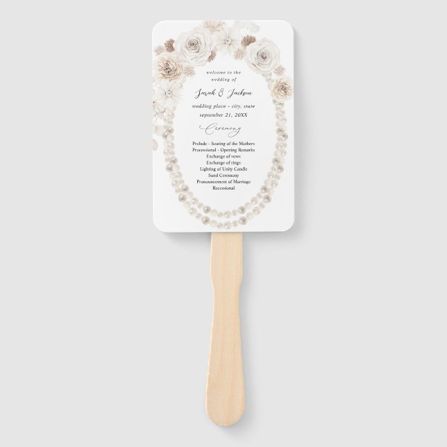 Pearls & White Floral Wedding Program Hand Fan (Front)
