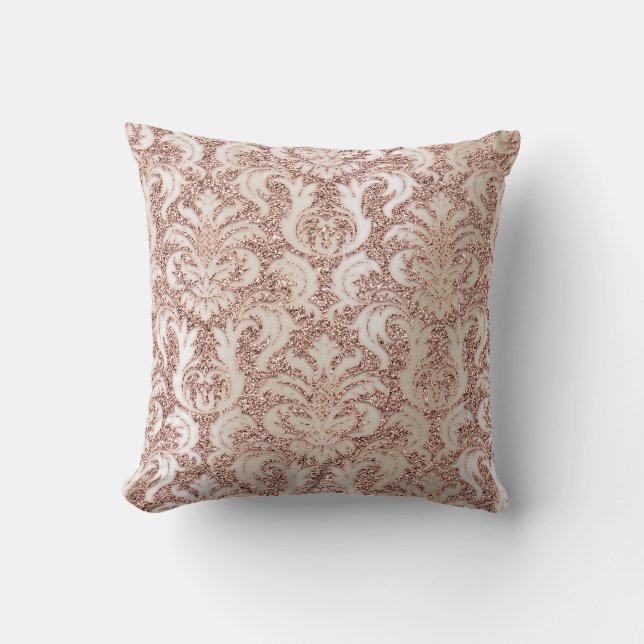 Pearly Ivory Damask Pink Rose Gold Glitter Metalli Cushion (Front)