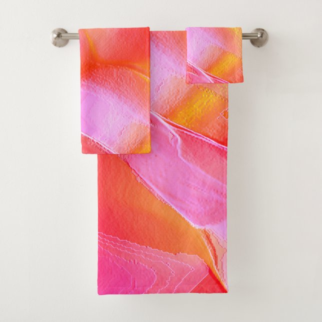 Pearly pink and orange polished rock bath towel set (Insitu)