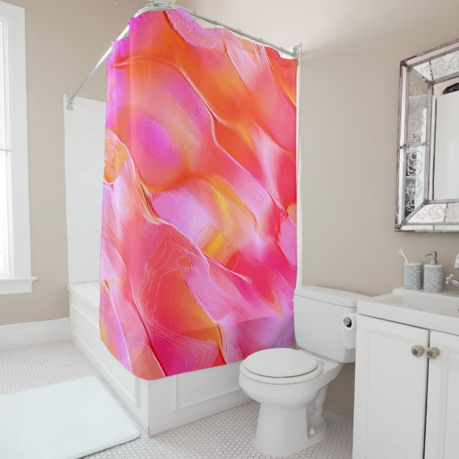 Pearly pink and orange polished rock shower curtain (In Situ)