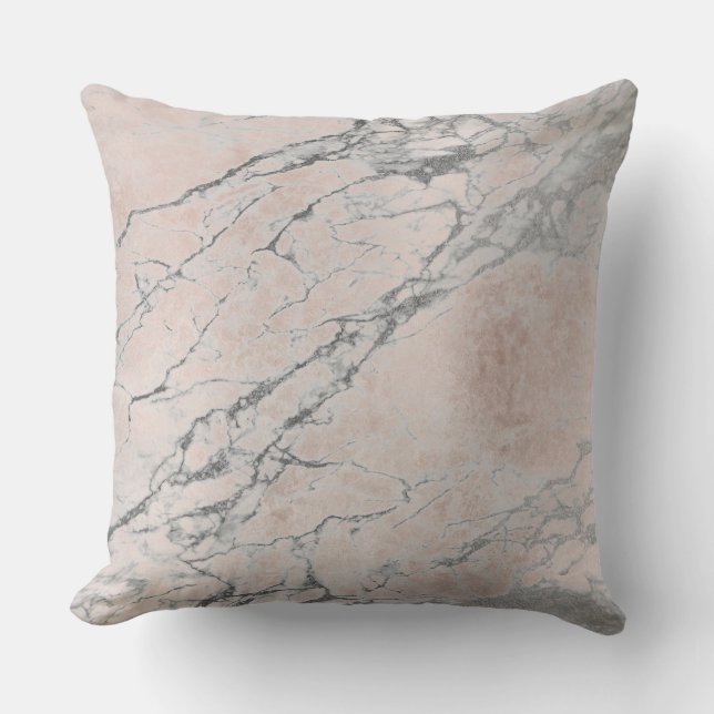 Pearly Pink Rose Gold Silver Grey Blush Marble Cushion (Front)