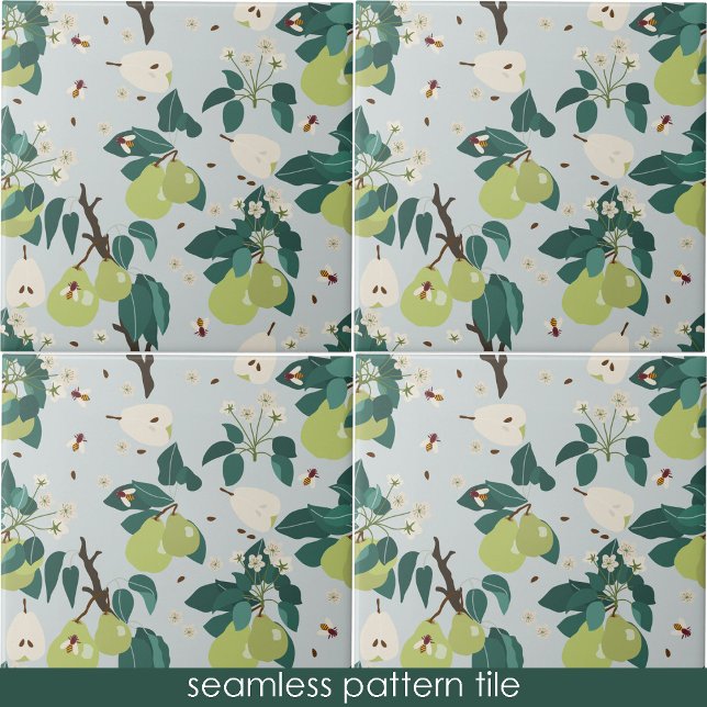 Pears & Bees in a Botanical Floral Garden Kitchen Tile (Pears & Bees in a Botanical Floral Garden Kitchen Ceramic Tile)