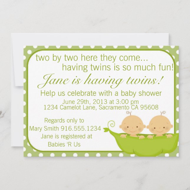 Peas In A Pod Twins Baby Shower Invitation (Front)