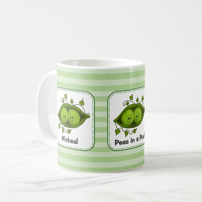 Peas In A Pod with Green Stripes Personalised Coffee Mug (Front Left)