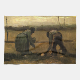 Peasant Woman Planting Potato by Vincent van Gogh Tea Towel