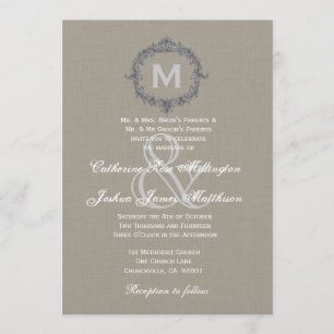 Pebble and Grey Frame Monogram Wedding Linen Paper Invitation