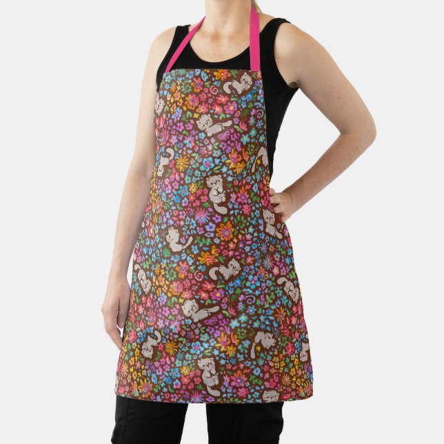 Pebble's Whimsical Garden Grey Cat & Bright Floral Apron (Insitu)