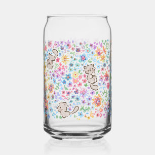 Pebble's Whimsical Garden Grey Cat & Bright Floral Can Glass