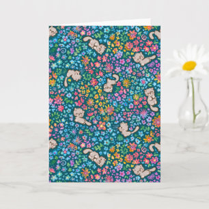 Pebble's Whimsical Garden Grey Cat & Bright Floral Card