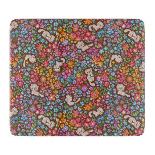 Pebble's Whimsical Garden Grey Cat & Bright Floral Cutting Board