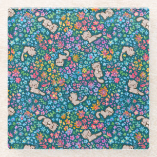 Pebble's Whimsical Garden Grey Cat & Bright Floral Glass Coaster