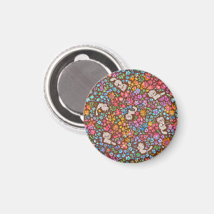 Pebble's Whimsical Garden Grey Cat & Bright Floral Magnet