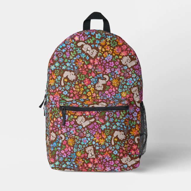 Pebble's Whimsical Garden Grey Cat & Bright Floral Printed Backpack (Front)