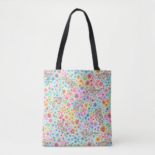 Pebble's Whimsical Garden Grey Cat & Bright Floral Tote Bag