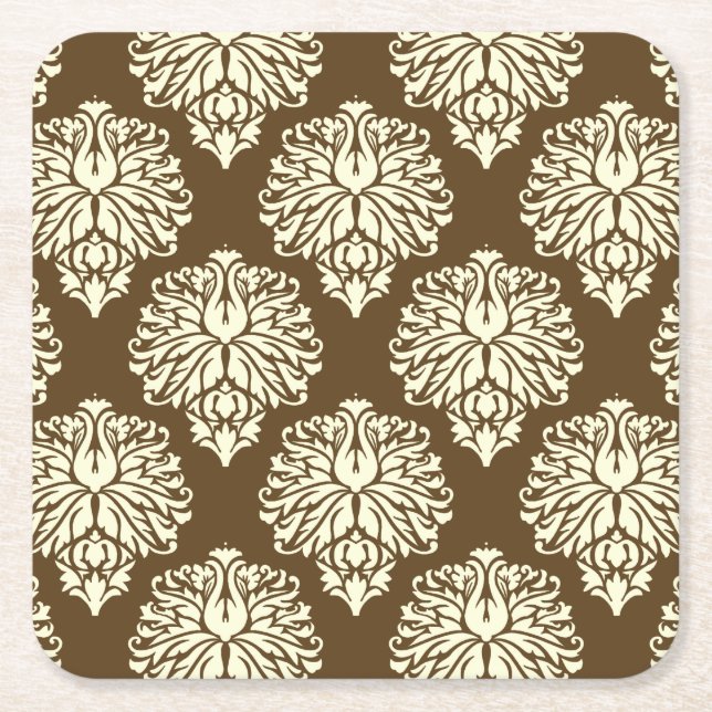 Pecan Southern Cottage Damask Square Paper Coaster (Front)