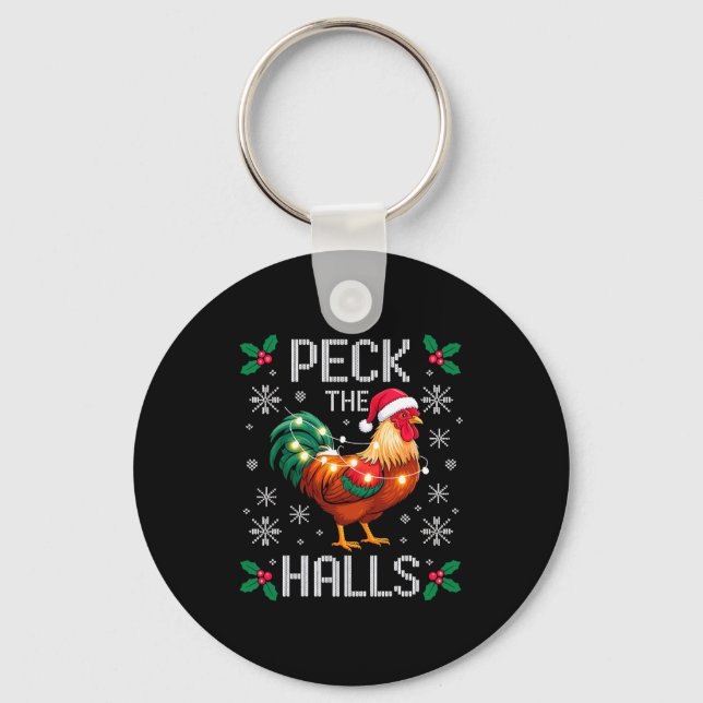 Peck The Halls Chicken Christmas Lights Snowflakes Key Ring (Front)