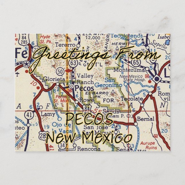 Pecos NM Vintage Map Postcard (Front)