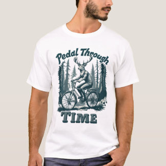 "Pedal Through Time: Monochrome Retro Deer Bicycle T-Shirt