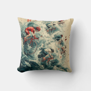 Pedaling Through a Yokai Tsunami Throw Pillow