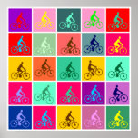 Pedalling Pop Poster<br><div class="desc">25 squares in various harmonious colours each with a man riding a bicycle motif in a complimentary,  or sometimes a slightly clashing colour. Each bicycle motif is aligned or rotated slightly differently which gives the impression of a comic strip story of a bicycle trip in lots of psychedelic colours.</div>